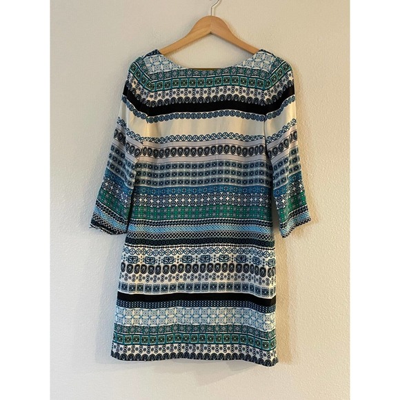 Diane Von Furstenberg Silk Shift Dress 6 Geometric Stripe Boat Neck 3/4 Sleeve - Picture 6 of 16